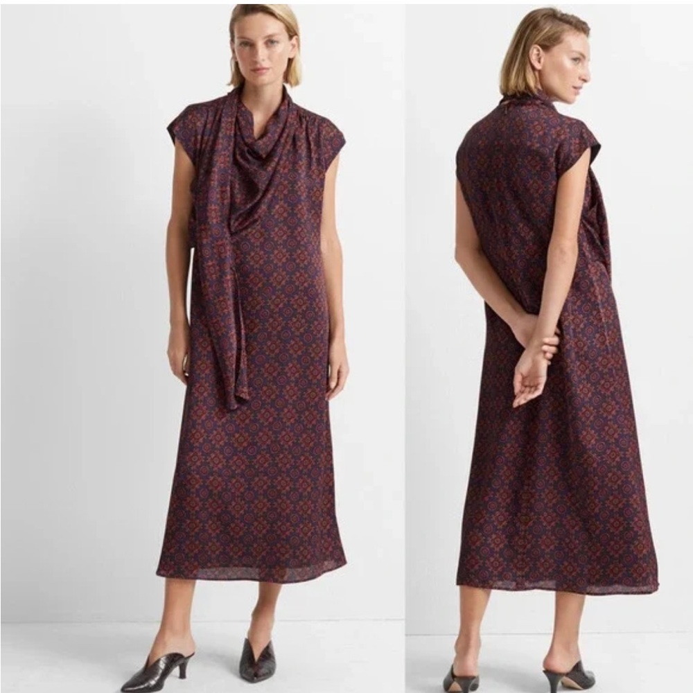 🆕 CLUB MONACO Drape Neck Midi Dress Navy Red Sari Style 00 Overlay Scarf Nwt